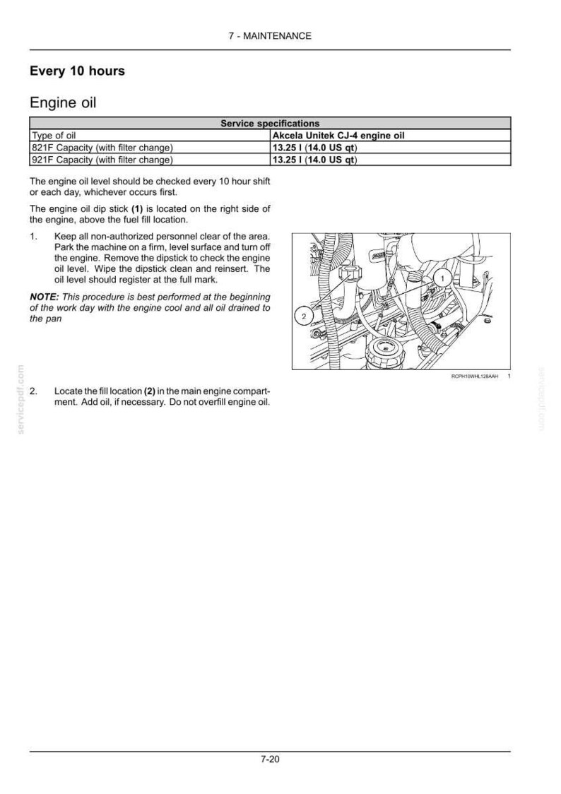 Puede incluir: Una p&aacute;gina de un manual de mantenimiento que detalla las especificaciones y procedimientos del aceite de motor. Incluye un diagrama del motor con ubicaciones de llenado numeradas y una varilla de medici&oacute;n. El texto explica la capacidad de aceite y los procedimientos de verificaci&oacute;n.