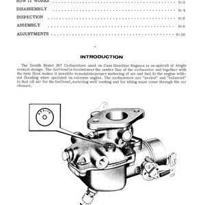 May include: An illustration from a manual showing a Zenith Model 267 carburetor. The image is in black and white and includes a detailed diagram of the carburetor's components, along with text describing its function and design. The text includes the words "INTRODUCTION", "HOW IT WORKS", and "DISASSEMBLY".
