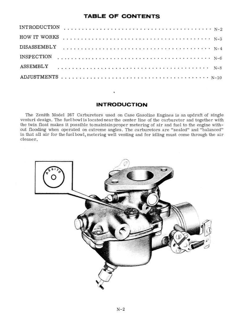 May include: An illustration from a manual showing a Zenith Model 267 carburetor. The image is in black and white and includes a detailed diagram of the carburetor's components, along with text describing its function and design. The text includes the words "INTRODUCTION", "HOW IT WORKS", and "DISASSEMBLY".