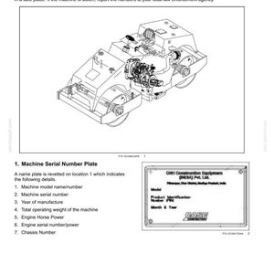 Puede incluir: Ilustraci&oacute;n de una apisonadora, una m&aacute;quina de construcci&oacute;n pesada, con componentes internos detallados. La imagen incluye una placa de n&uacute;mero de serie con informaci&oacute;n.