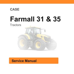 Pode incluir: Imagem de um trator Farmall 31 & 35 amarelo e cinza. A palavra "CASE" est&aacute; no topo, com "Tractors" abaixo do nome do modelo do trator. Uma caixa laranja retangular na parte inferior diz "Service Manual".