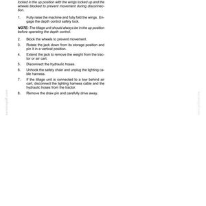 May include: A manual page titled "3 - TRANSPORT OPERATIONS" detailing how to disconnect machinery for transport. The text provides safety advice and numbered steps, set against a white background. Includes diagrams.
