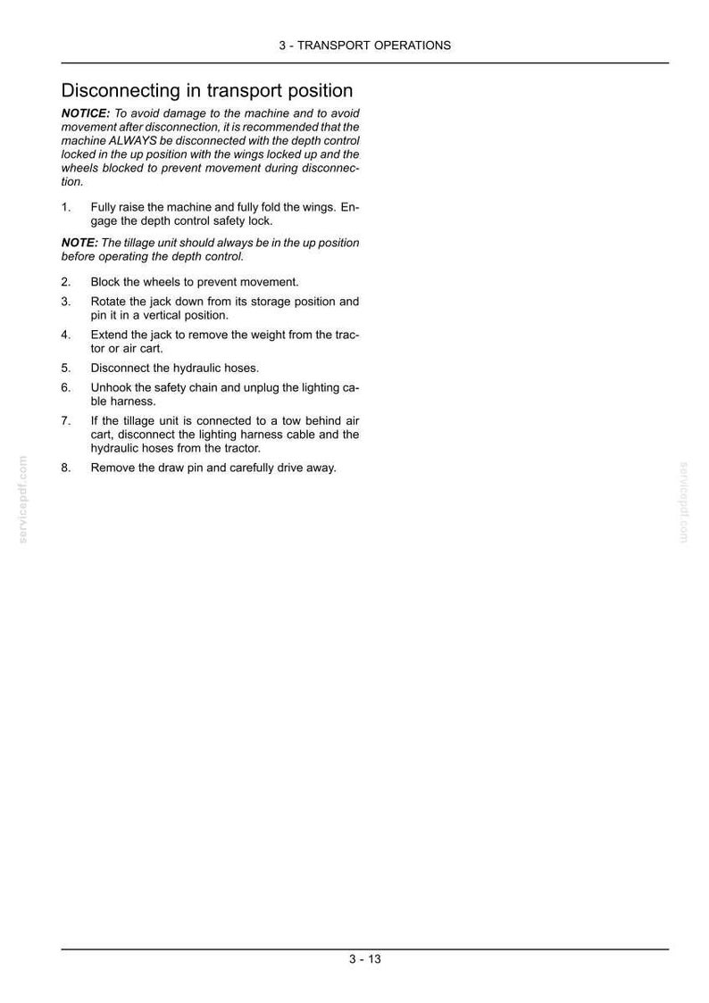 May include: A manual page titled "3 - TRANSPORT OPERATIONS" detailing how to disconnect machinery for transport. The text provides safety advice and numbered steps, set against a white background. Includes diagrams.