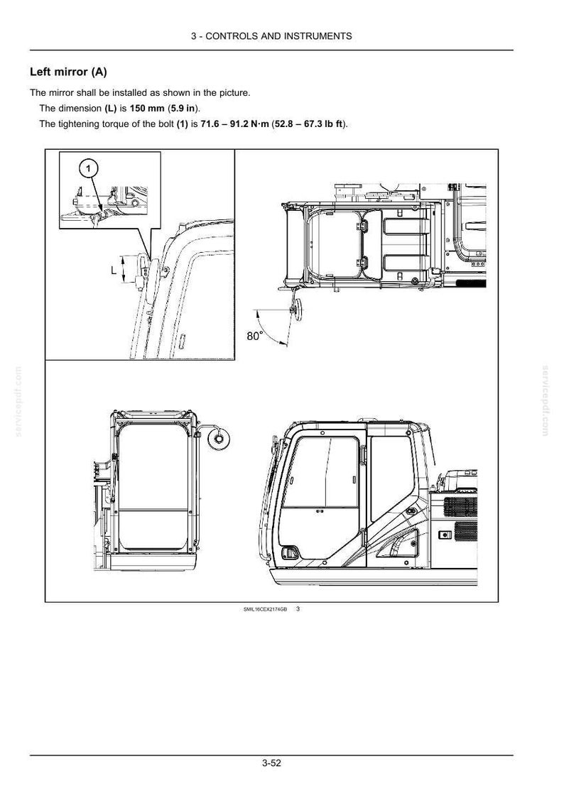 May include: Diagram of a vehicle's left mirror installation, with detailed views and measurements. The dimension (L) is 5.9 inches. The tightening torque of the bolt (1) is 52.8 - 67.3 lb ft. Includes a diagram of the vehicle's cabin.