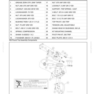 K&ouml;nnte beinhalten: Ein technisches Diagramm mit dem Titel SECTION 6 - TRIPS, OPENERS & PRESS WHEELS, das eine 550-Pfund-Ausl&ouml;sebaugruppe zeigt. Es enth&auml;lt eine Teileliste mit Referenznummern, eine Explosionszeichnung der Komponenten und ein Gefahrenwarnschild.
