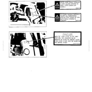 K&ouml;nnte beinhalten: Eine Seite aus einem technischen Handbuch mit schwarz-wei&szlig;en Diagrammen von Maschinenkomponenten und Warnschildern. Die Schilder enthalten Textwarnungen zu K&uuml;hlmittel, L&uuml;fterriemen und der Positionierung des Baggerhebels f&uuml;r den Betrieb.