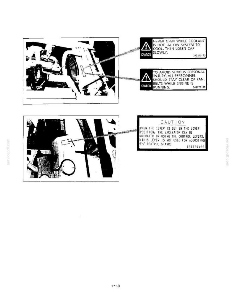 K&ouml;nnte beinhalten: Eine Seite aus einem technischen Handbuch mit schwarz-wei&szlig;en Diagrammen von Maschinenkomponenten und Warnschildern. Die Schilder enthalten Textwarnungen zu K&uuml;hlmittel, L&uuml;fterriemen und der Positionierung des Baggerhebels f&uuml;r den Betrieb.