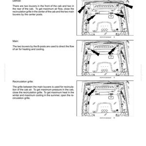 May include: Diagram of a vehicle's air circulation system, detailing the location and function of louvers, grilles, and air flow controls. Includes text explaining defrost, main, and recirculation grille functions.