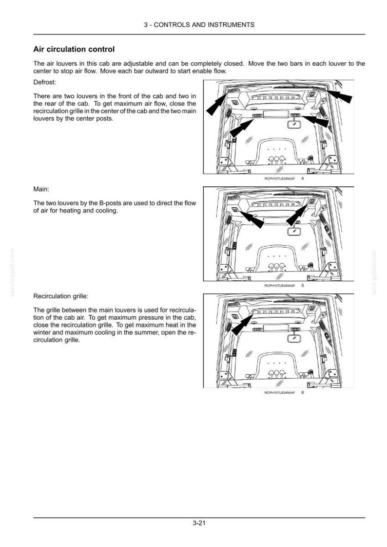May include: Diagram of a vehicle's air circulation system, detailing the location and function of louvers, grilles, and air flow controls. Includes text explaining defrost, main, and recirculation grille functions.