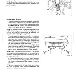 May include: A technical manual page titled 7-MAINTENANCE featuring diagrams of a tractor cab suspension unit. The text explains how to adjust the pre-load settings using an arrow indicator labeled 1 and vertical markings labeled 2 on the collar.