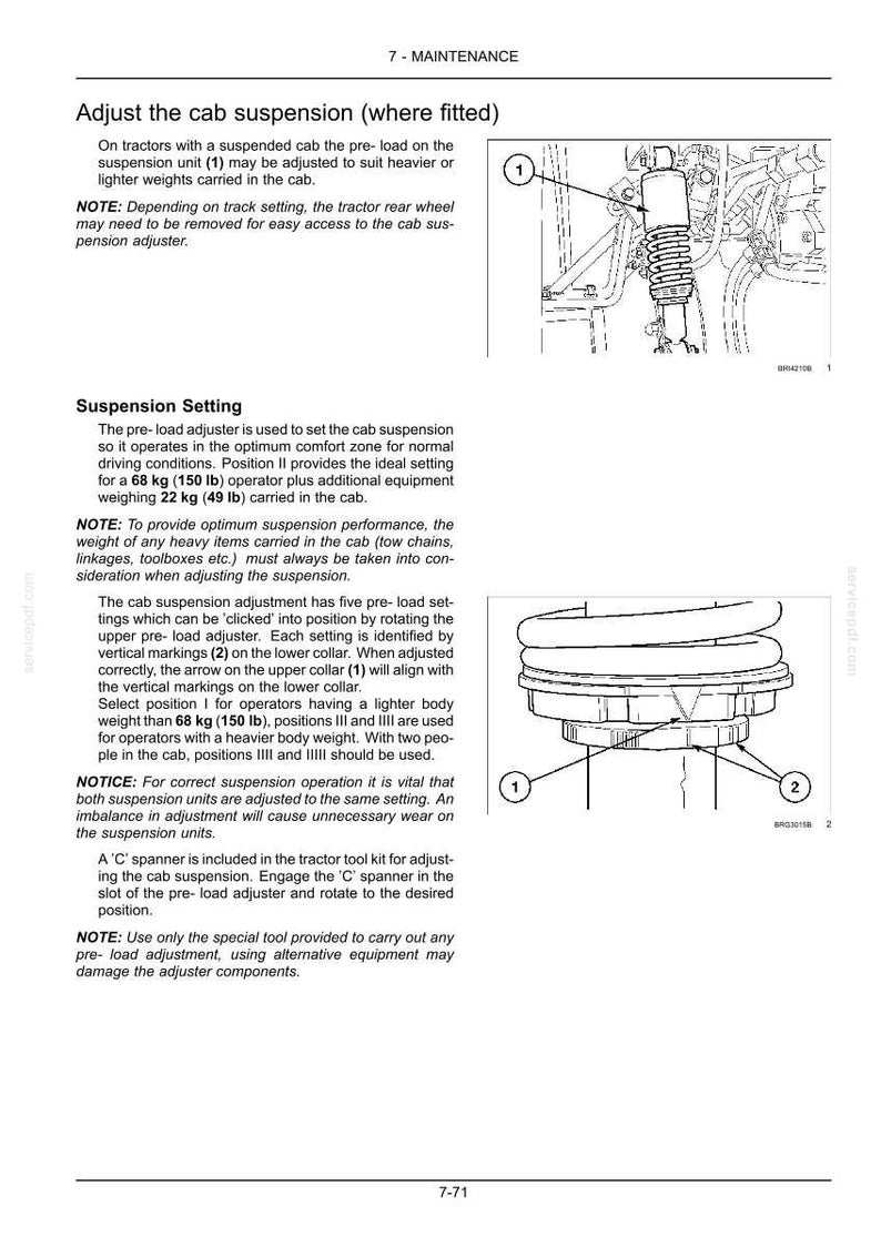 May include: A technical manual page titled 7-MAINTENANCE featuring diagrams of a tractor cab suspension unit. The text explains how to adjust the pre-load settings using an arrow indicator labeled 1 and vertical markings labeled 2 on the collar.