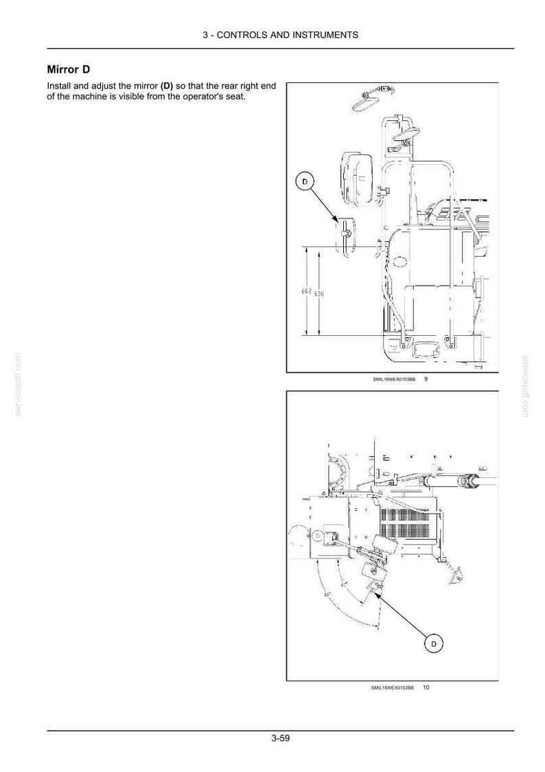 May include: Diagram of a machine's controls and instruments, including a mirror labeled 'D'. The diagram shows dimensions of 607 and 630. The text instructs the user to adjust the mirror for visibility.