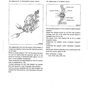 May include: A technical service manual page titled 13 FUEL AND ENGINE CONTROL - SERVICE PROCEDURE. It features two black and white diagrams of an engine fuel pump mechanism, accompanied by detailed instructional text regarding adjustment procedures.