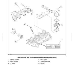 May include: A technical line drawing from a manual titled SECTION 10 - ENGINE - CHAPTER 5, page 15. It illustrates engine components including an exhaust manifold, intake manifold, air heater, valve seats, thermostat valve, and an injector.