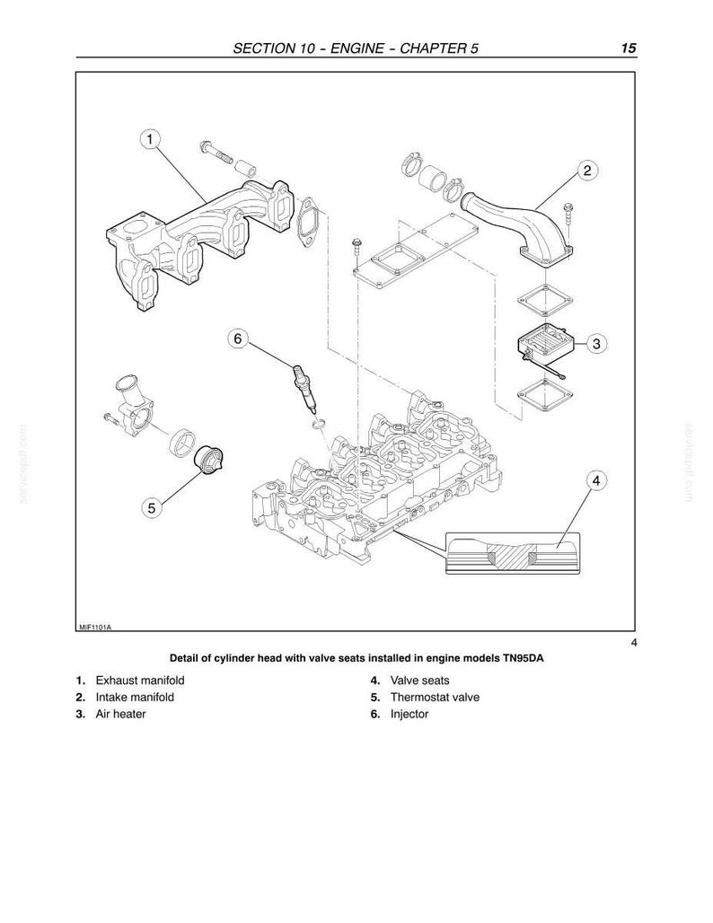 May include: A technical line drawing from a manual titled SECTION 10 - ENGINE - CHAPTER 5, page 15. It illustrates engine components including an exhaust manifold, intake manifold, air heater, valve seats, thermostat valve, and an injector.