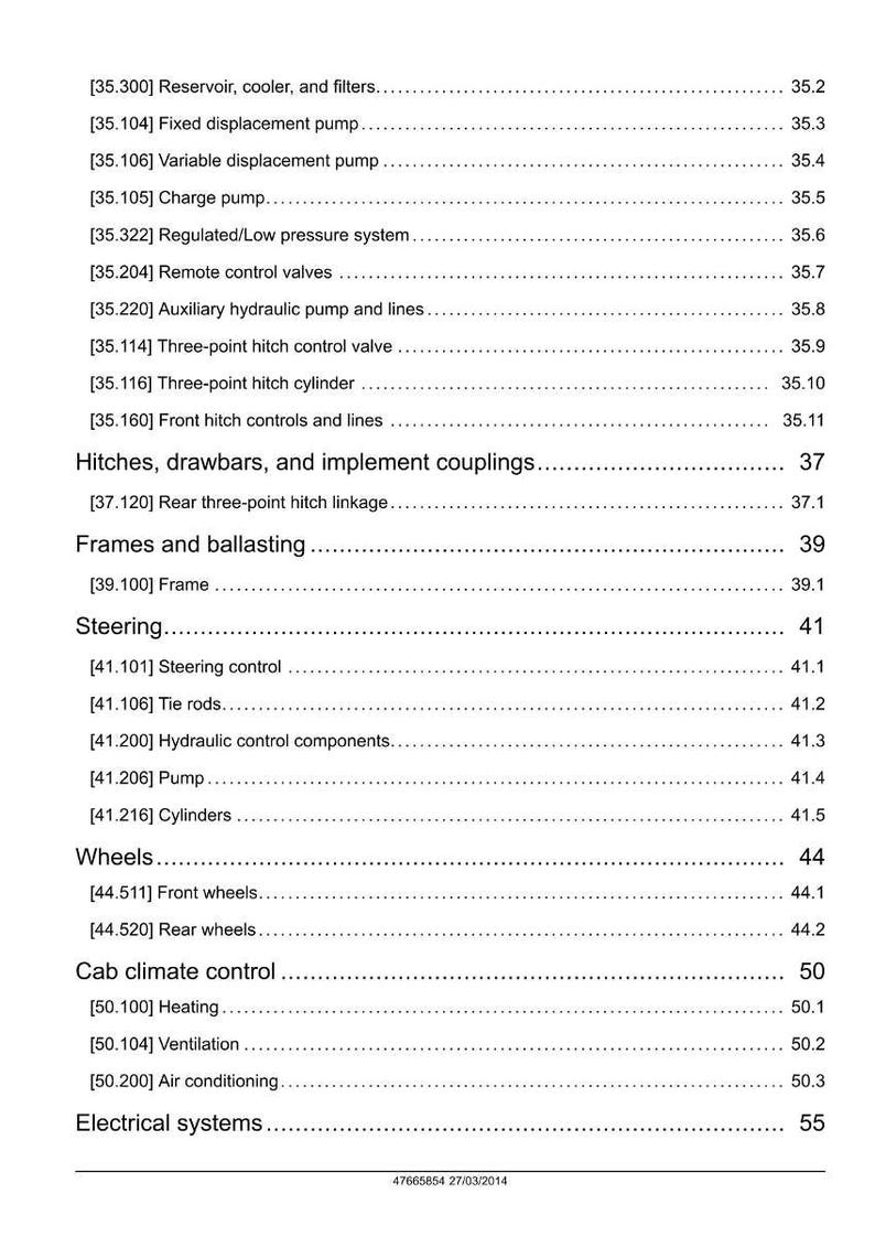 May include: A detailed page from a manual, featuring a table of contents with various mechanical components. The text includes terms like "Reservoir, cooler, and filters," "Steering control," and "Air conditioning." The document is dated 27/03/2014.