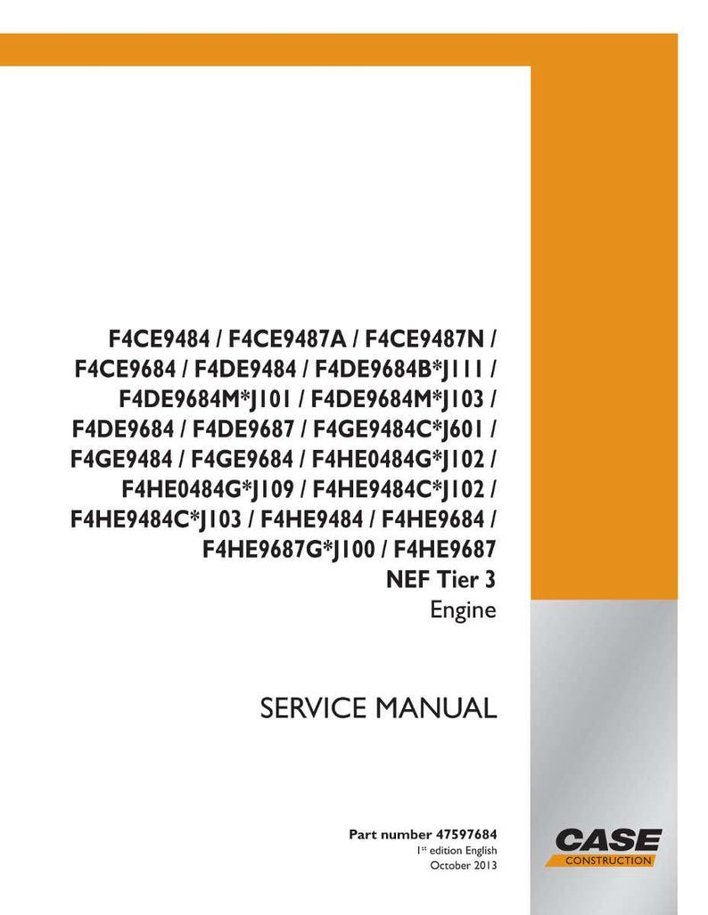 May include: A white and orange service manual for Case Construction engines. The cover includes a list of engine model numbers, the text "SERVICE MANUAL", and the Case Construction logo. The part number is 47597684.