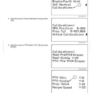 May include: A series of screenshots from an electrical system diagnostic tool. The screens display options for calibrations, fault history, and active settings. Text includes "Engine Fault Hist", "MFH Position", and "PTO-Sickle Y-011".