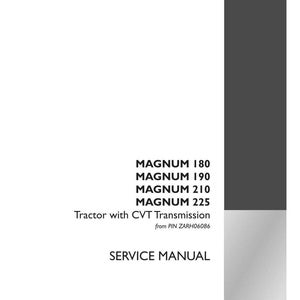 May include: A white service manual for Magnum tractors with CVT transmission. The cover features the text "MAGNUM 180, 190, 210, 225" and "SERVICE MANUAL". The Case IH Agriculture logo is in the bottom right corner.