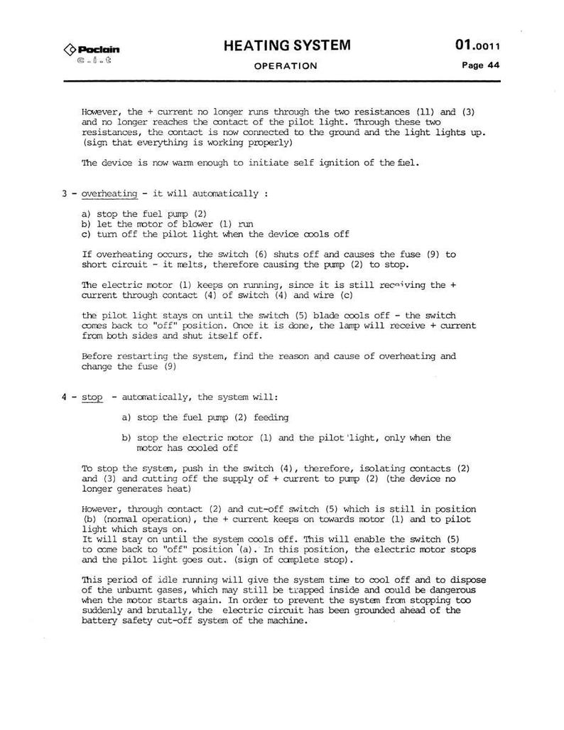 Op de afbeelding: Een technisch document getiteld "VERWARMINGSSYSTEEM BEDIENING" met het Poclain-logo. Het document beschrijft de werking van het systeem, inclusief oververhittings- en stopprocedures, met diagrammen en uitleg. Pagina 44 is zichtbaar.