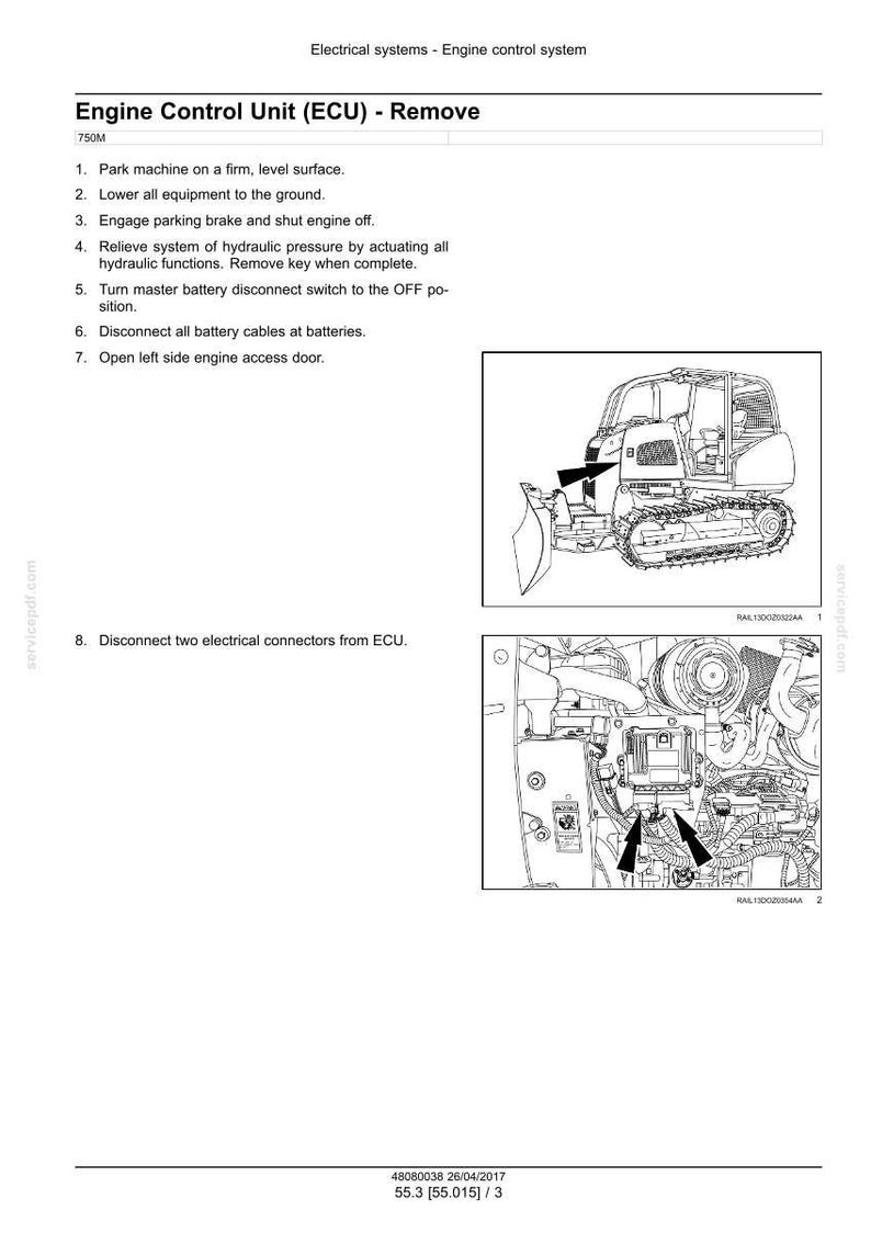 May include: Diagram of an engine control unit (ECU) removal procedure. The image includes a tracked vehicle and close-up views of the ECU and its connectors. Text instructions are provided, detailing the steps for removal.