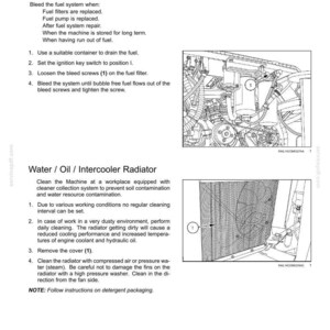 May include: A detailed diagram from a maintenance manual, showing instructions for bleeding a fuel system and cleaning a radiator. The image includes text and numbered steps for maintenance procedures.