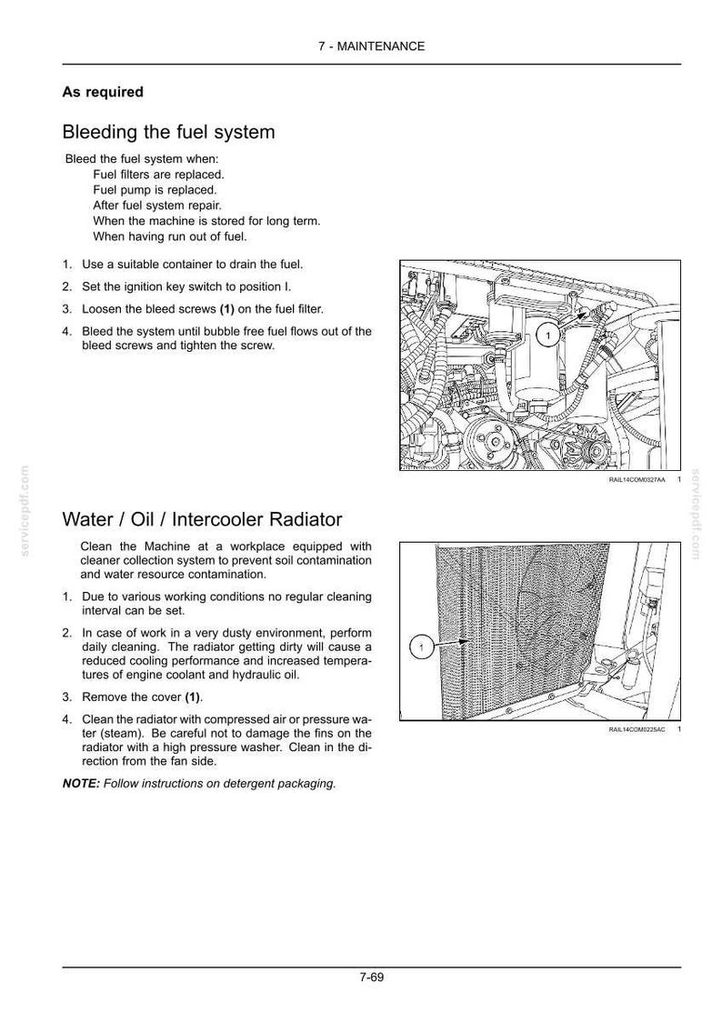 May include: A detailed diagram from a maintenance manual, showing instructions for bleeding a fuel system and cleaning a radiator. The image includes text and numbered steps for maintenance procedures.