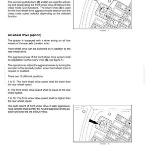 May include: Diagram of a control panel with buttons and a rotary knob labeled 1, 2, and 3. The text describes the functions of the front-wheel drive and creep mode controls.