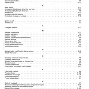May include: A detailed page from a manual, featuring a table of contents with various sections like "Fuses and relays," "Hydraulic oil," and "Machine components." The text is black on a white background.