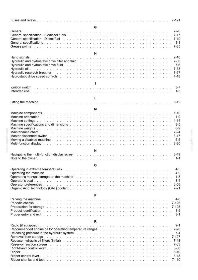 May include: A detailed page from a manual, featuring a table of contents with various sections like "Fuses and relays," "Hydraulic oil," and "Machine components." The text is black on a white background.