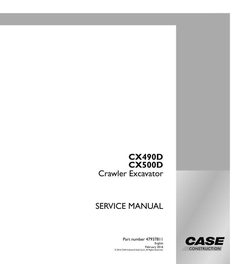 May include: A white service manual for a CX490D and CX500D Crawler Excavator. The cover includes the text "SERVICE MANUAL", "CASE CONSTRUCTION", and the part number 47937811.