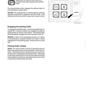 May include: Diagram of a control panel with buttons and a parking brake symbol. The text explains the function of the parking brake switch, including how to engage and release it. The image is from a manual.