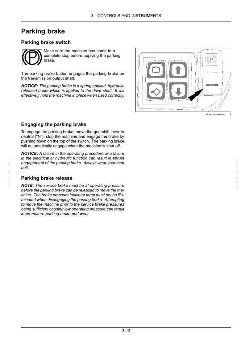 May include: Diagram of a control panel with buttons and a parking brake symbol. The text explains the function of the parking brake switch, including how to engage and release it. The image is from a manual.