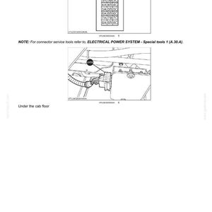 May include: Diagram of an electrical power system with a connector block labeled 1A-8C. The image includes a diagram of the system under the cab floor, with the text "Under the cab floor."