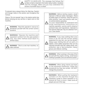 May include: A white safety manual page with black text and warning symbols. The text includes safety instructions and warnings about operating machinery, including wearing proper safety equipment and following procedures. The manual is labeled "SAFETY".