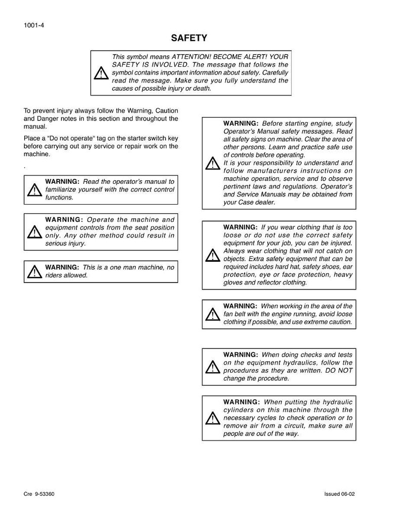 May include: A white safety manual page with black text and warning symbols. The text includes safety instructions and warnings about operating machinery, including wearing proper safety equipment and following procedures. The manual is labeled "SAFETY".