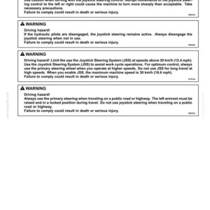 May include: A page from a manual with safety warnings about a joystick steering control lever. The warnings are in bold text and include information about driving hazards and proper usage to prevent injury.