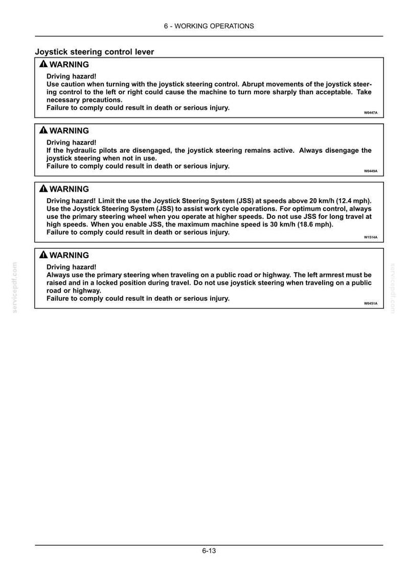 May include: A page from a manual with safety warnings about a joystick steering control lever. The warnings are in bold text and include information about driving hazards and proper usage to prevent injury.