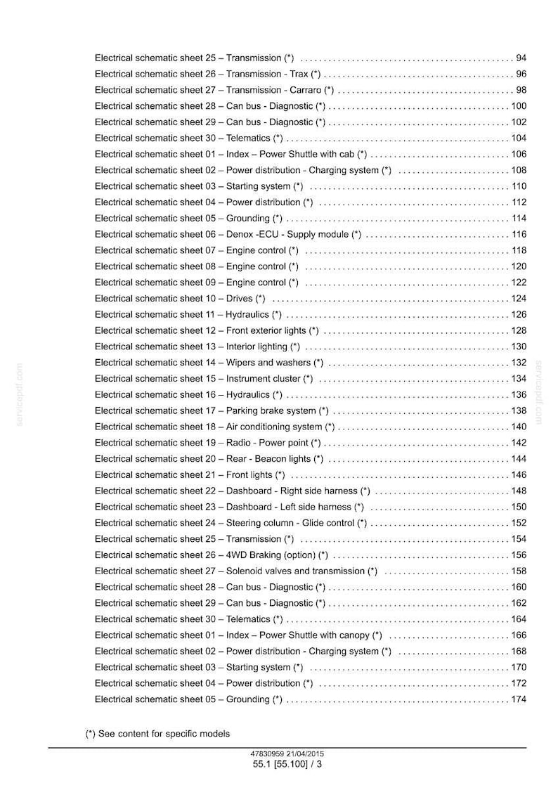 May include: A detailed list of electrical schematic sheets, including transmission, diagnostics, and engine control, with corresponding page numbers. The document includes various systems like hydraulics, lighting, and braking, with a note to see content for specific models.