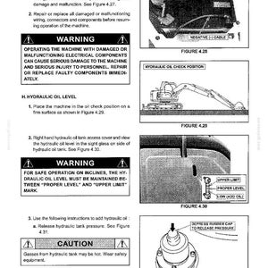 May include: A technical manual page titled Section IV - MAINTENANCE, featuring black and white diagrams for engine electrical wiring, hydraulic oil check positions, and a hydraulic tank pressure release valve with instructional text.