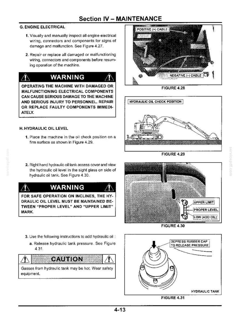 May include: A technical manual page titled Section IV - MAINTENANCE, featuring black and white diagrams for engine electrical wiring, hydraulic oil check positions, and a hydraulic tank pressure release valve with instructional text.