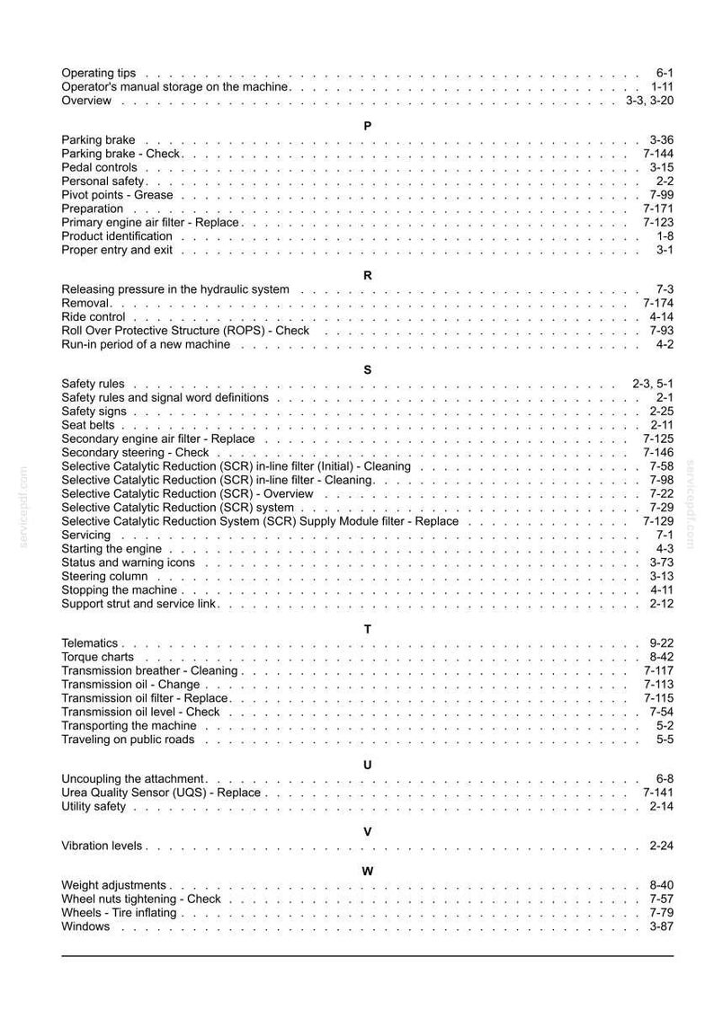 May include: A detailed table of contents from a manual, featuring a list of operational and maintenance topics. The text is in black against a white background, with section titles and page numbers.