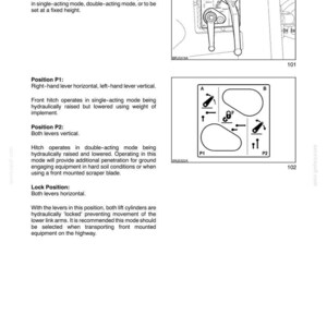 Puede incluir: Una p&aacute;gina de manual t&eacute;cnico titulada SECTION 3 - FIELD OPERATIONS, que detalla los modos de funcionamiento del enganche. Incluye diagramas de las palancas selectoras A y B, con instrucciones para las posiciones P1, P2 y la posici&oacute;n de bloqueo.