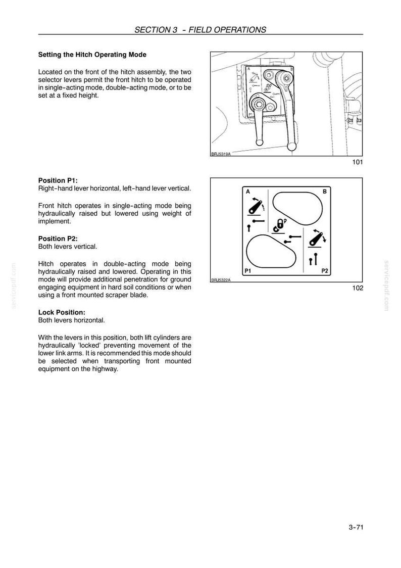 Puede incluir: Una p&aacute;gina de manual t&eacute;cnico titulada SECTION 3 - FIELD OPERATIONS, que detalla los modos de funcionamiento del enganche. Incluye diagramas de las palancas selectoras A y B, con instrucciones para las posiciones P1, P2 y la posici&oacute;n de bloqueo.