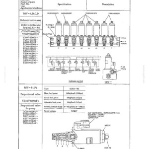 May include: A technical diagram of a solenoid valve assembly and a proportional valve. The document includes part numbers, specifications, hydraulic symbols, and labels such as 'SWING PARKING', 'TRAVEL 2-SPEED', 'TRAVEL STRAIGHT', and 'ATTACH POWER BOOST'.