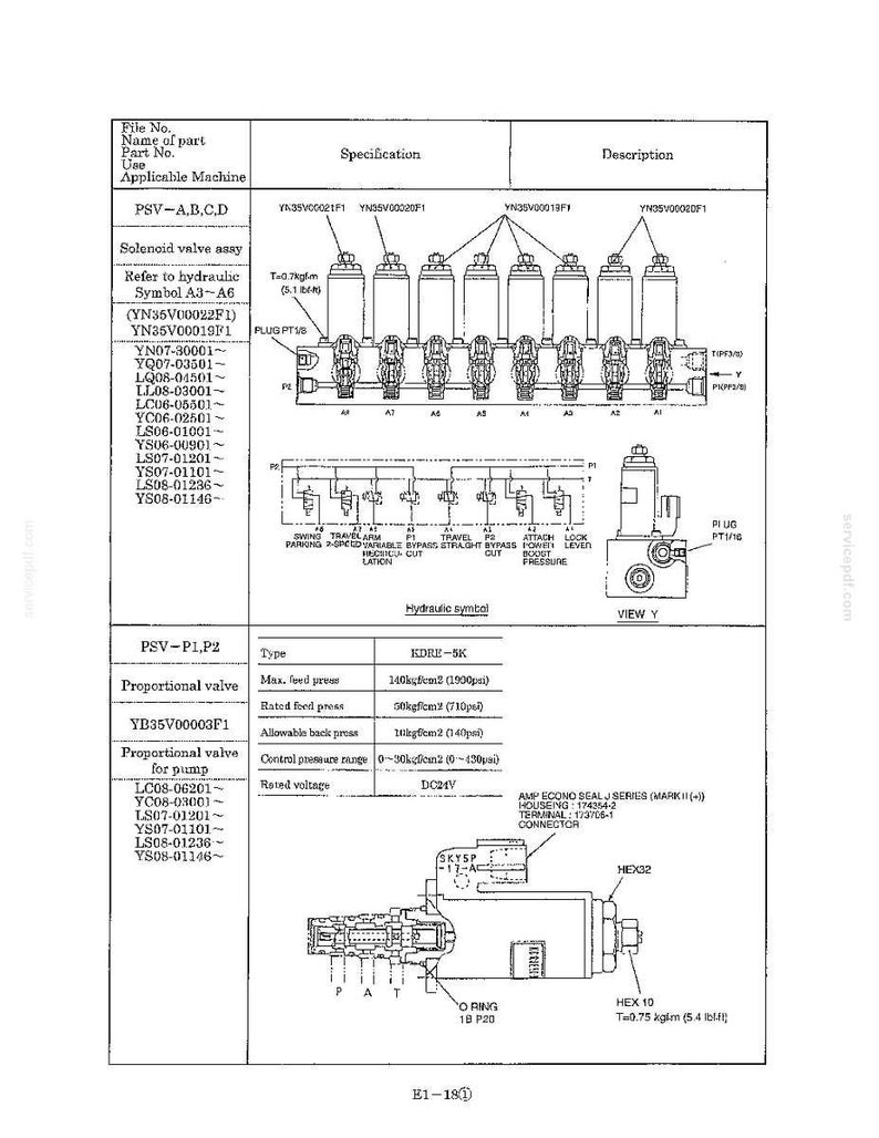 May include: A technical diagram of a solenoid valve assembly and a proportional valve. The document includes part numbers, specifications, hydraulic symbols, and labels such as 'SWING PARKING', 'TRAVEL 2-SPEED', 'TRAVEL STRAIGHT', and 'ATTACH POWER BOOST'.