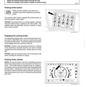 May include: A technical manual page titled Controls and Instruments detailing parking brake operation. It includes a warning box, text instructions, a diagram of a button panel with a parking brake icon, and a digital dashboard display graphic.