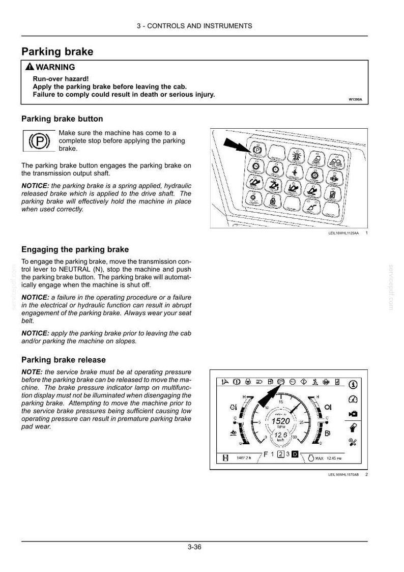 May include: A technical manual page titled Controls and Instruments detailing parking brake operation. It includes a warning box, text instructions, a diagram of a button panel with a parking brake icon, and a digital dashboard display graphic.