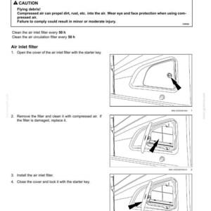 May include: Diagram of air conditioner filter maintenance instructions. Steps include opening the cover, removing and cleaning the filter, installing the filter, and closing the cover. Safety warning about flying debris.