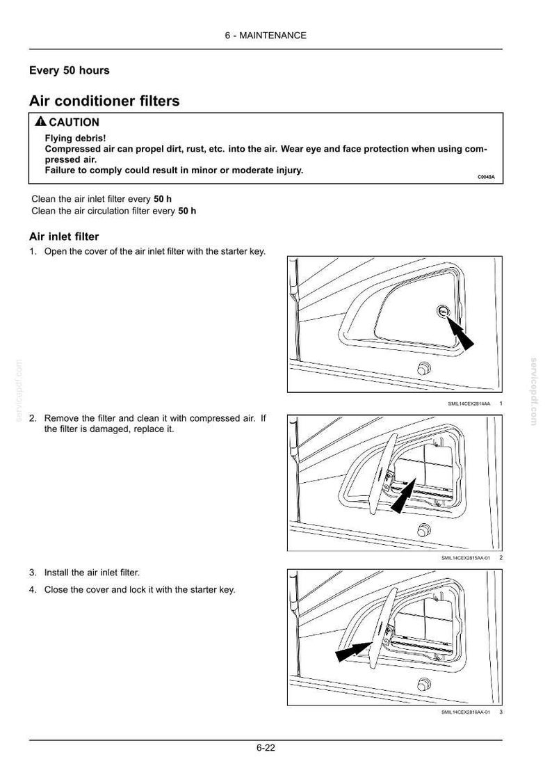 May include: Diagram of air conditioner filter maintenance instructions. Steps include opening the cover, removing and cleaning the filter, installing the filter, and closing the cover. Safety warning about flying debris.